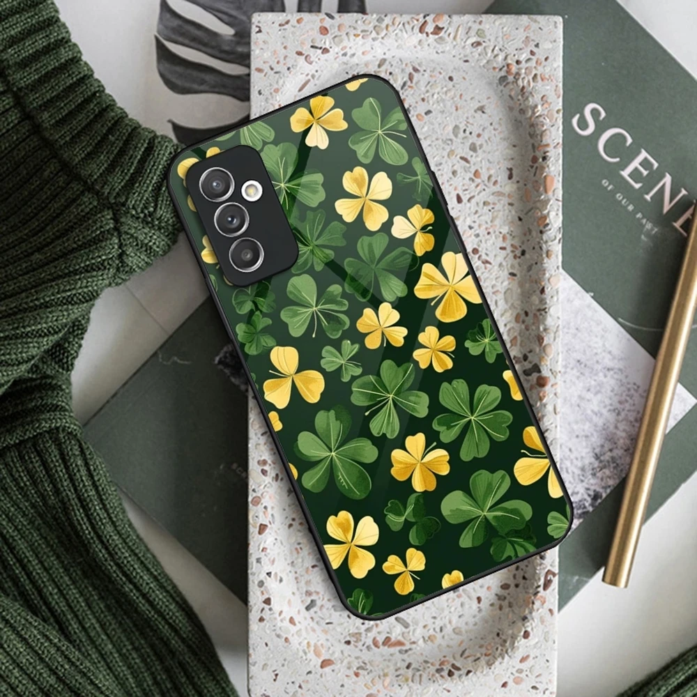 Lucky Four Leaf Clover Phone Case Glass for Samsung Galaxy S25 S24 S21 S22 S23 S20 Ultra Fe Plus A34 A54 A24 A16 A52 A53 M54 Cov