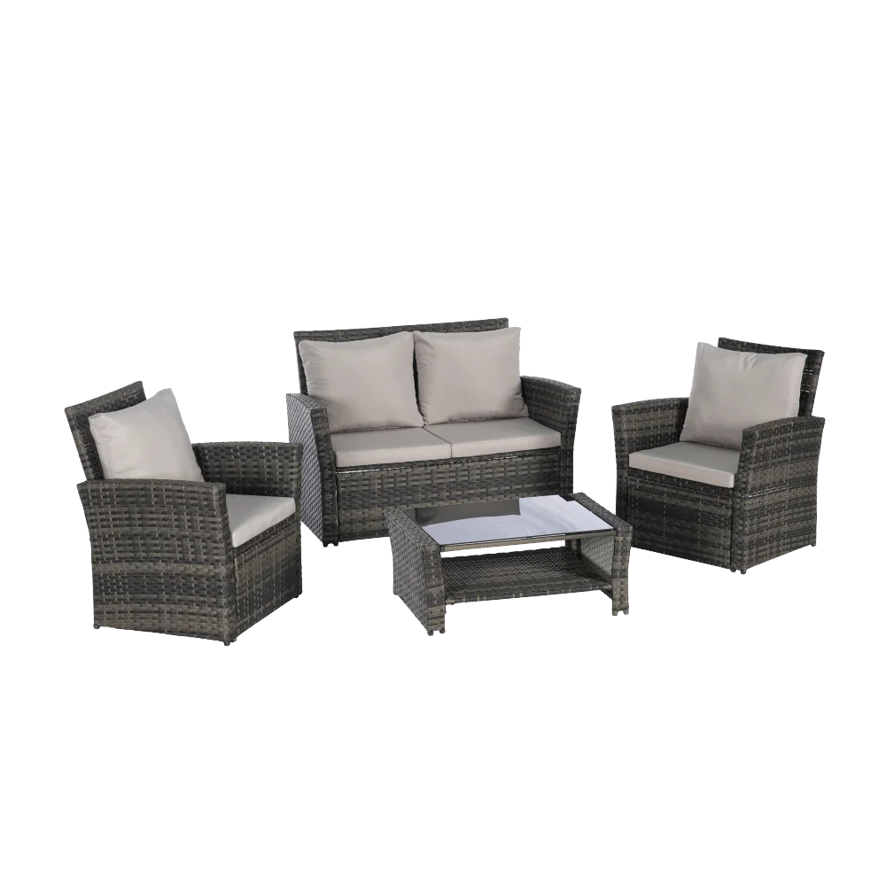 4-х предметные наборы мебели для патио, садовый плетеный набор стульев из ротанга, стулья для газона біля бассейна с журнальным столиком из закаленного стекла