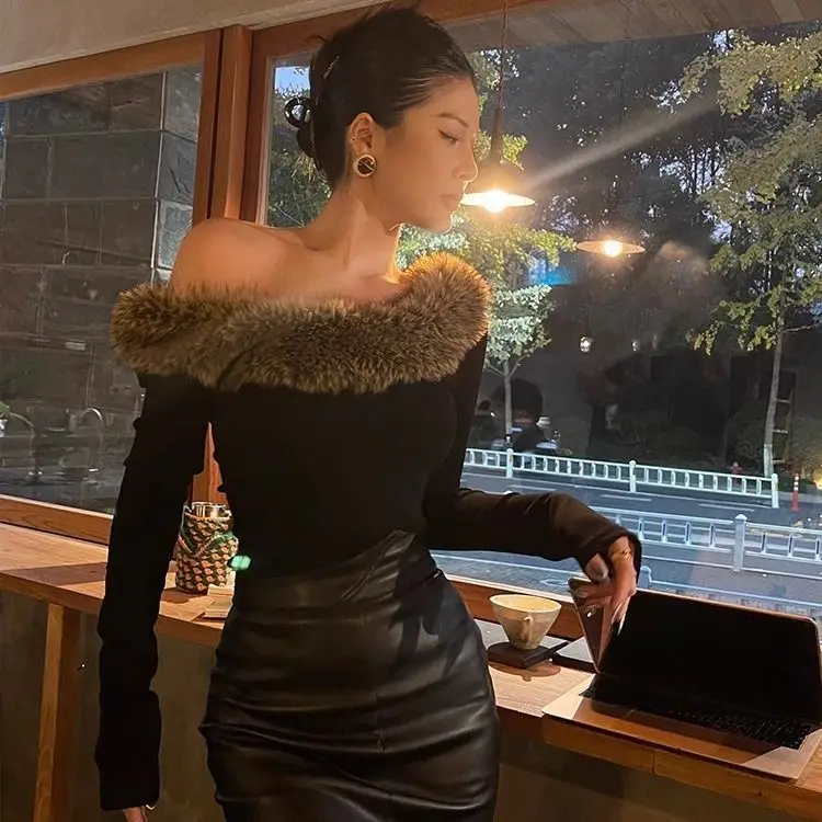 الأمريكية Gyaru Acubi Alt الجرونج تونك مثير قبالة الكتف المحاصيل الأعلى Ropa De Mujer القوطية Y2k تي شيرت جرافيك الفراء الرقبة المحملة