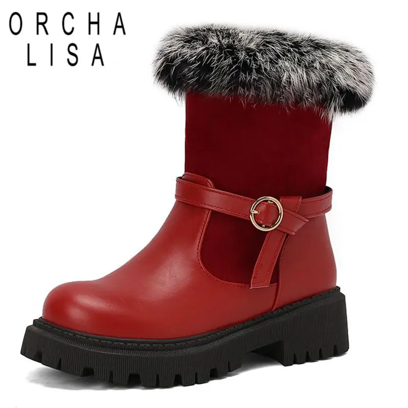 

ORCHALISA/Новая обувь, женские зимние зимние ботильоны, повседневные ботильоны без шнуровки на блочном каблуке с круглым носком и мехом кролика, размер 42–43