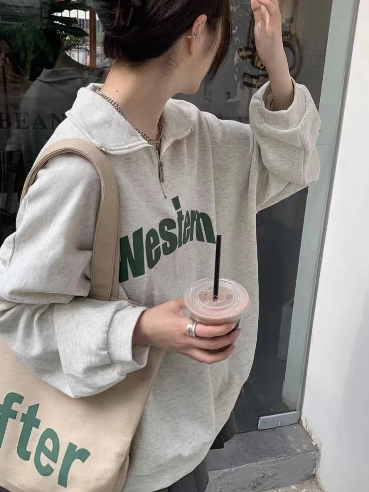 Sweatshirts for Women Letter Zipper Loose Casual All-match Daily Students Sudaderas Harajuku Korean Preppy Style Fashion Chic