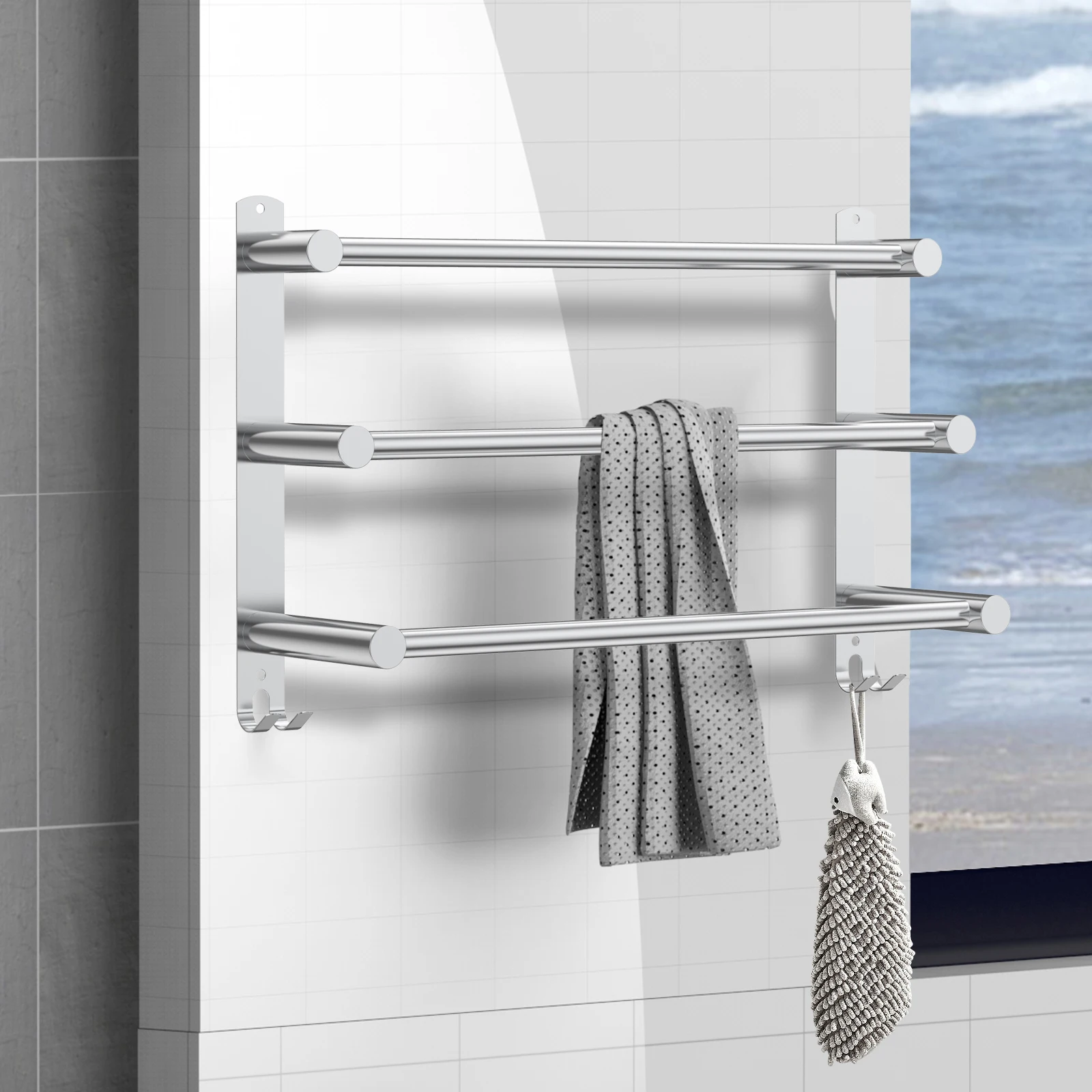 

Bathroom 3 Tier Towel Shelf Stainless Steel Towel Rack with Bar Space Saving Towel Hangers Bath Storage Wall Mounted Organizer