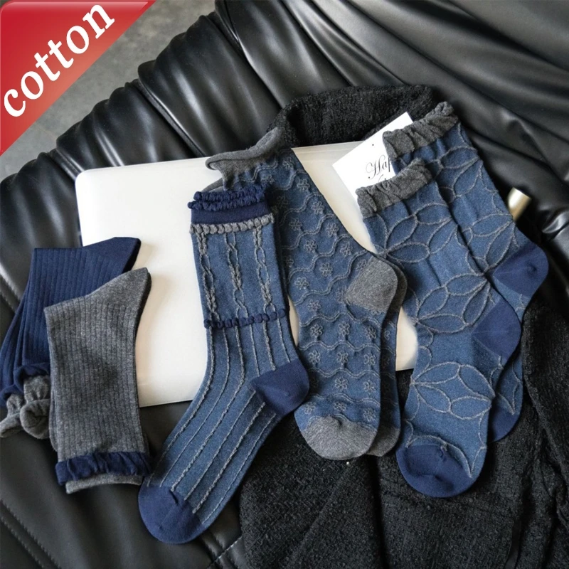 

Женские носки в корейском стиле, синие, с милым цветочным узором, повседневные, простые, универсальные, дышащие, удобные, хлопковые носки для девочек, оптом