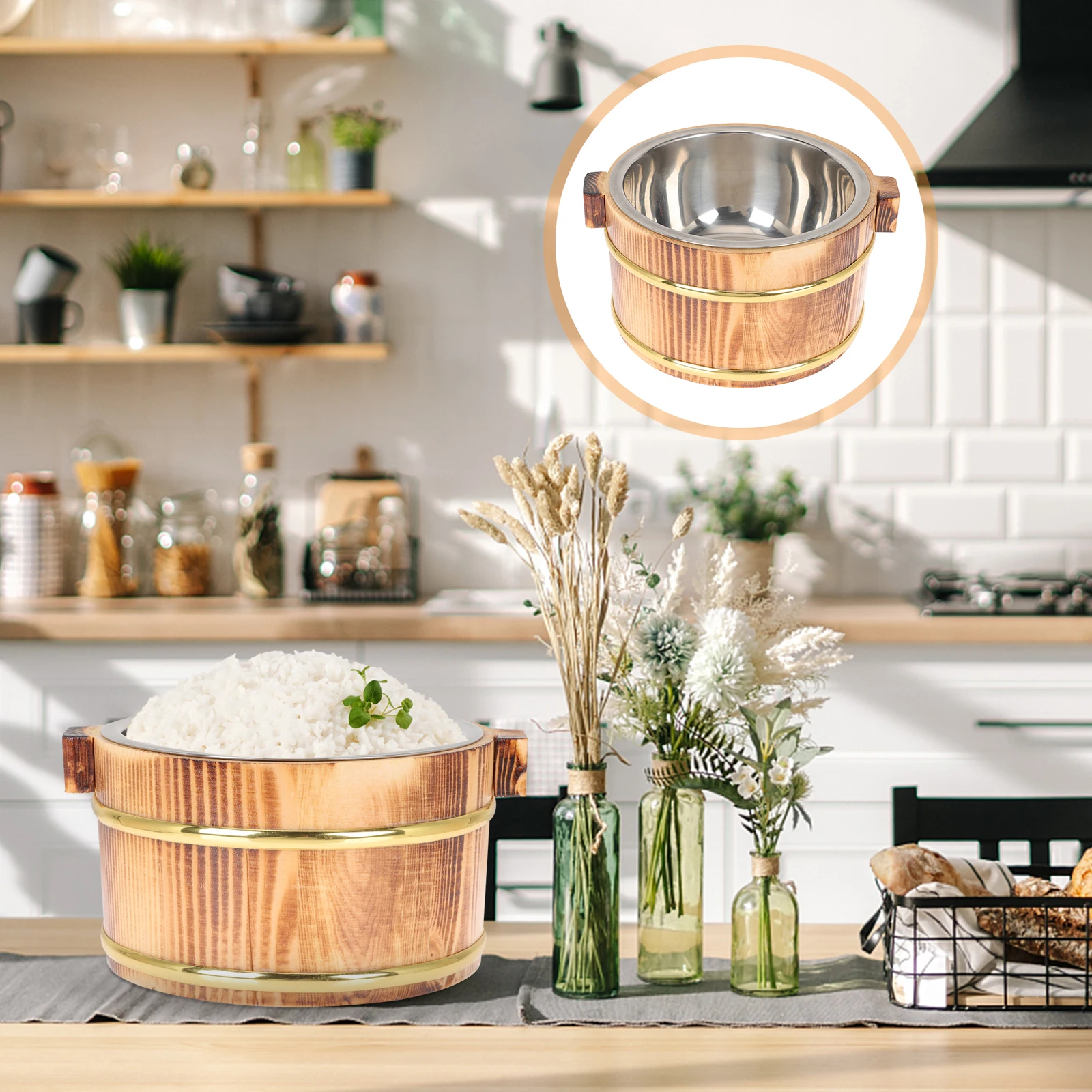 

Wooden Rice Food Sushi Bucket Storage Container Kitchen Accessory Sushi Bowl Compact Barrel Server Salad