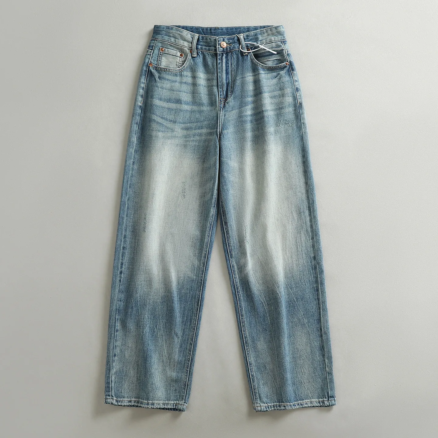 

Retro washed old whiskered white American trendy high street jeans men's loose straight wide leg trousers