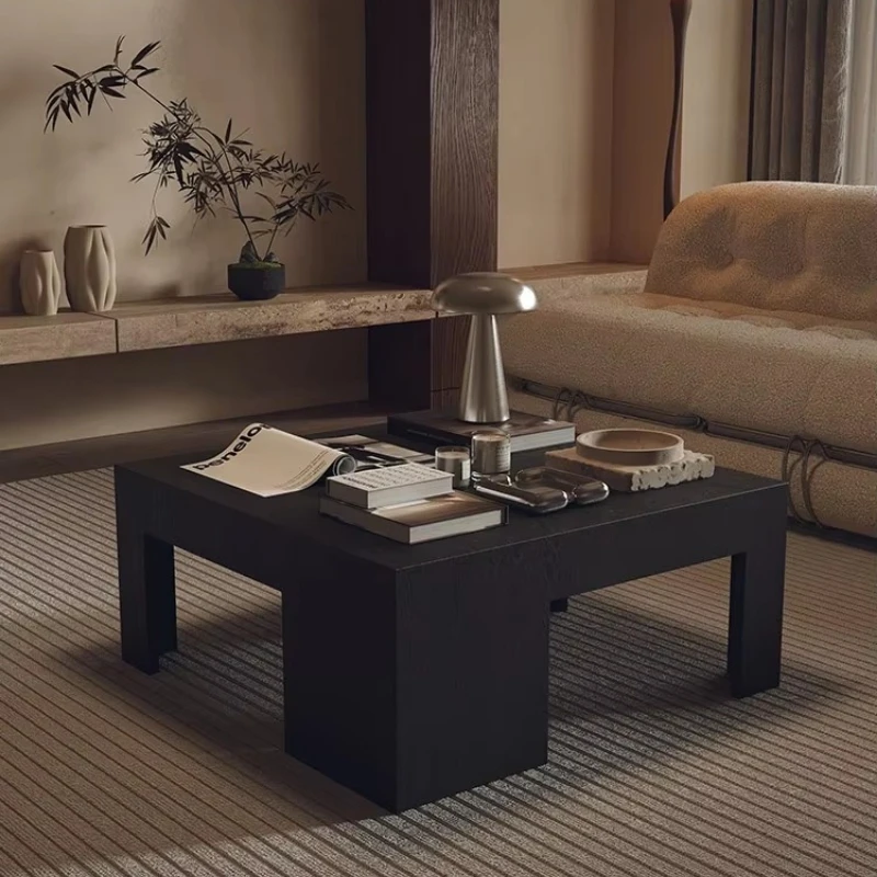 Light luxury high-end living room solid wood coffee table wabi-sabi style black square small side table