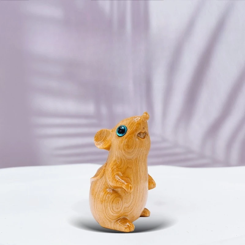 1 PC Cliff Thuja Carved Chinese Zodiac Rat Hand Piece Auspicious Rat Figurine Cute Wooden Animal Craft Home Decoration Present