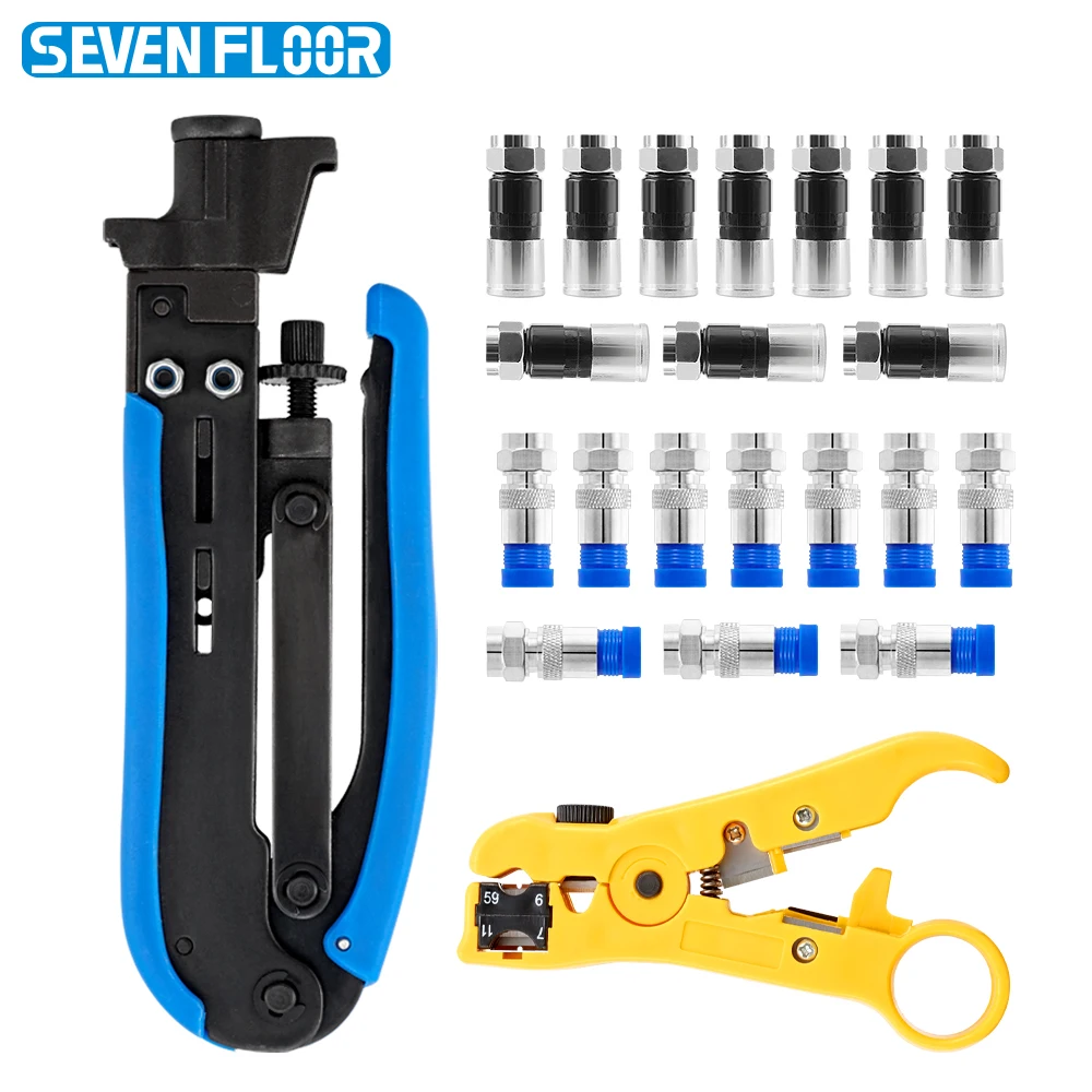 Coaxial Cable Crimper Kit with 20 PCS F Style RG6 Connectors Adjustable RG6 Coaxial Cable Stripper Coaxial Compression Tool