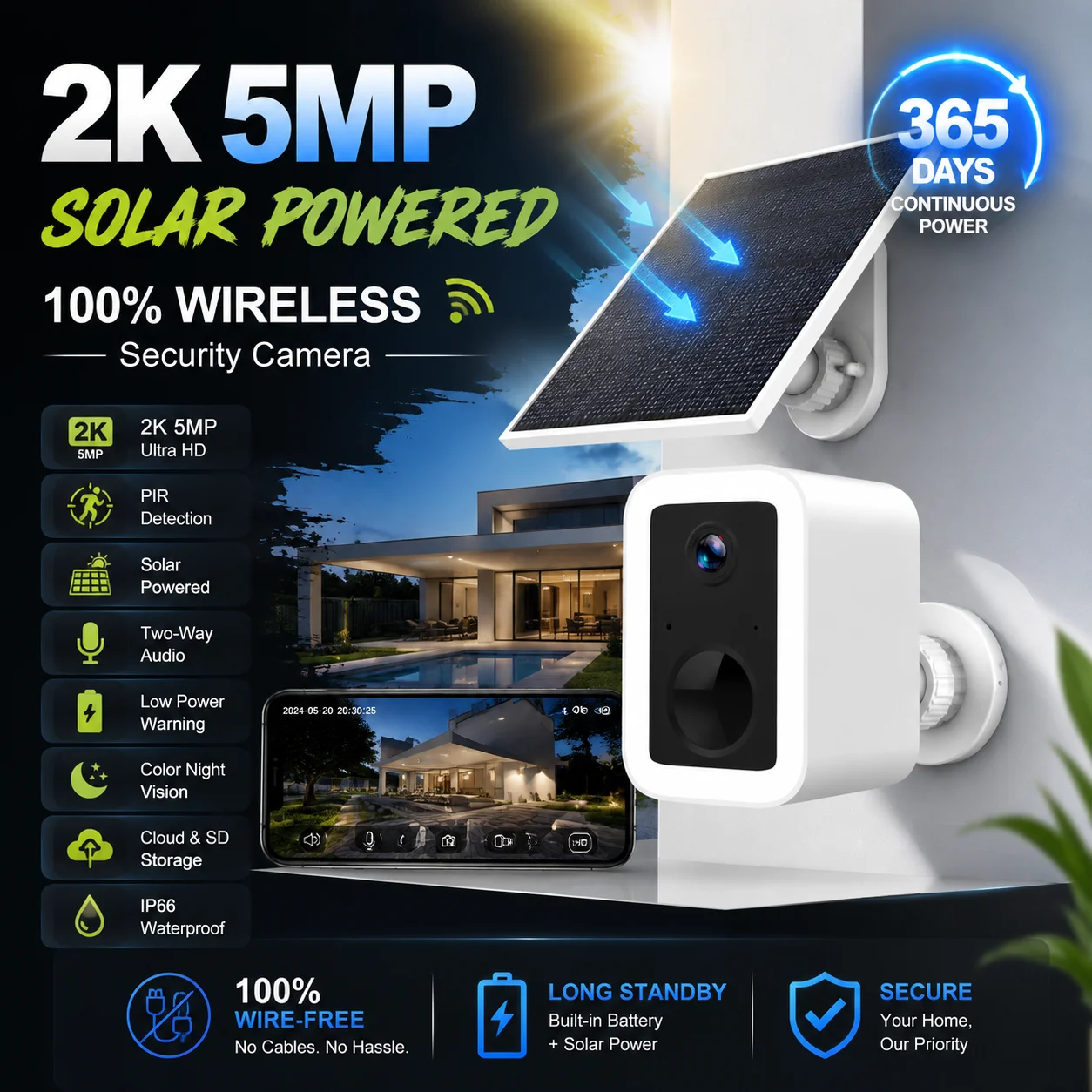 5MP 2K Solar Security Camera Wireless Outdoor WiFi Camera AI Motion Detection Solar Powered IP67 Waterproof 135° Wide Angle CCTV