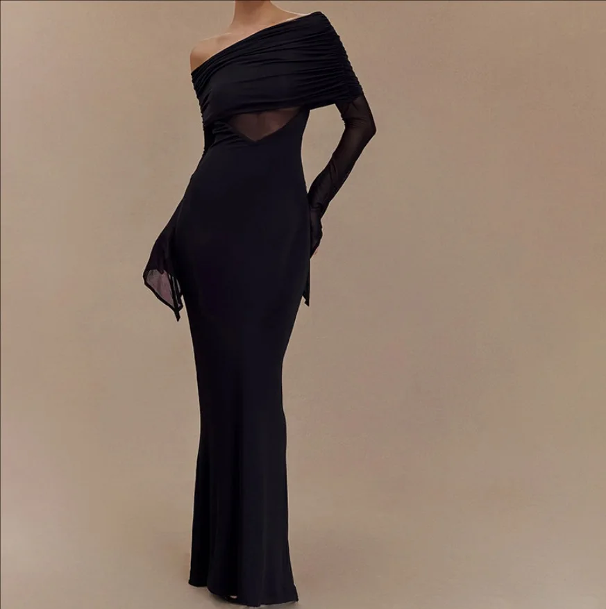 DSMTRC Solid Sexy Sheer Off Shoulder Full Sleeve Body-shaping Robe Women Hipster Mesh Stacked Dress Mujer Club Party Attirewear