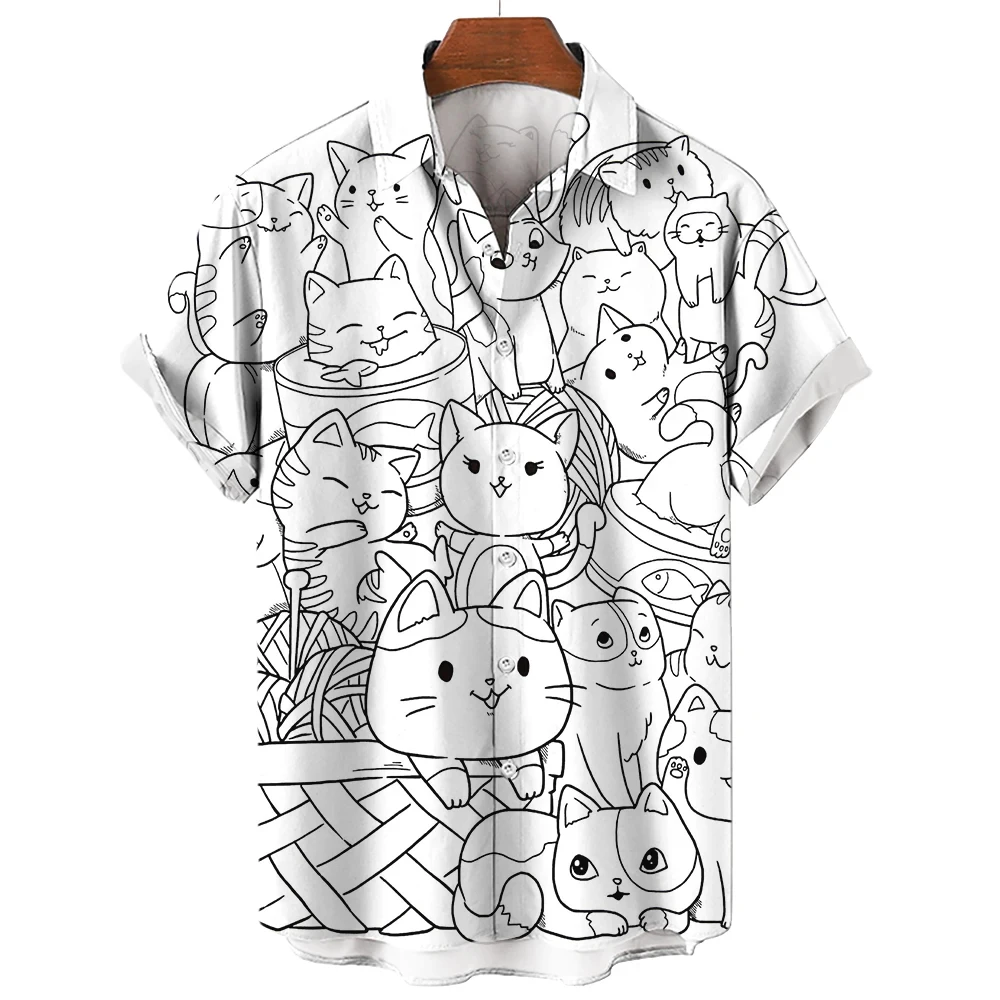 Cute Cartoon Cat 3D Printed Shirt Man/Women Casual Fashion Short Sleeves Shirts Men Button Lapel Tops Oversized Unisex Clothing