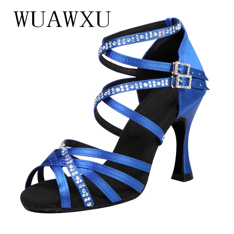 New Latin Dance Shoes Inlaid with Diamond Satin Blue 9cm High Heel Female Adult Soft Sole Social Dance Cha Rumba De