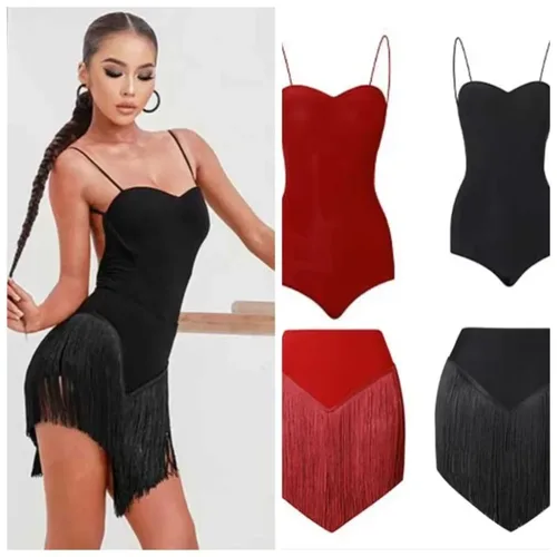 Imagen 1 del producto Falda triangular con flecos para baile latino, minivestido Sexy para baile, aspecto de baile con borlas ricas, piernas largas, negro y rojo