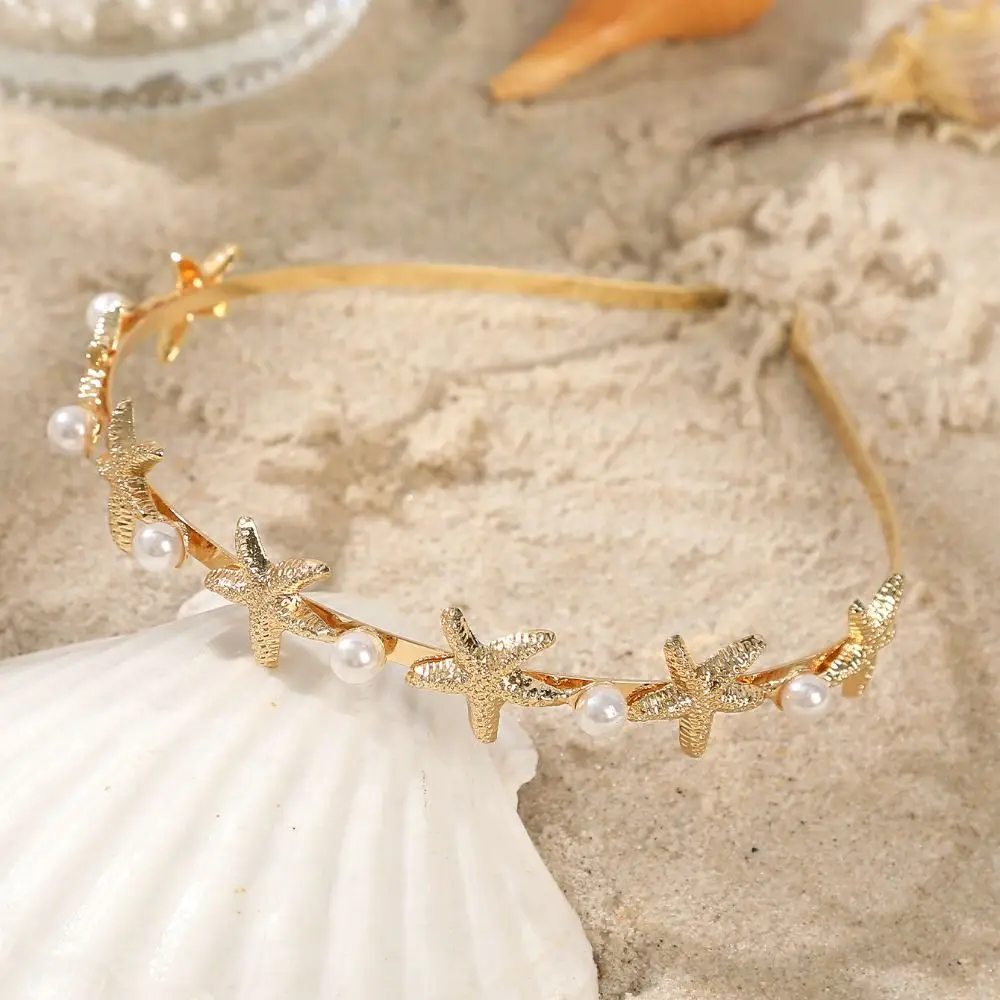 Korean Headpiece Gold Color Starfish Shell Headband Silver Irregular Pearl Hair Hoop Chic Elegant Crown Tiaras Women view 4