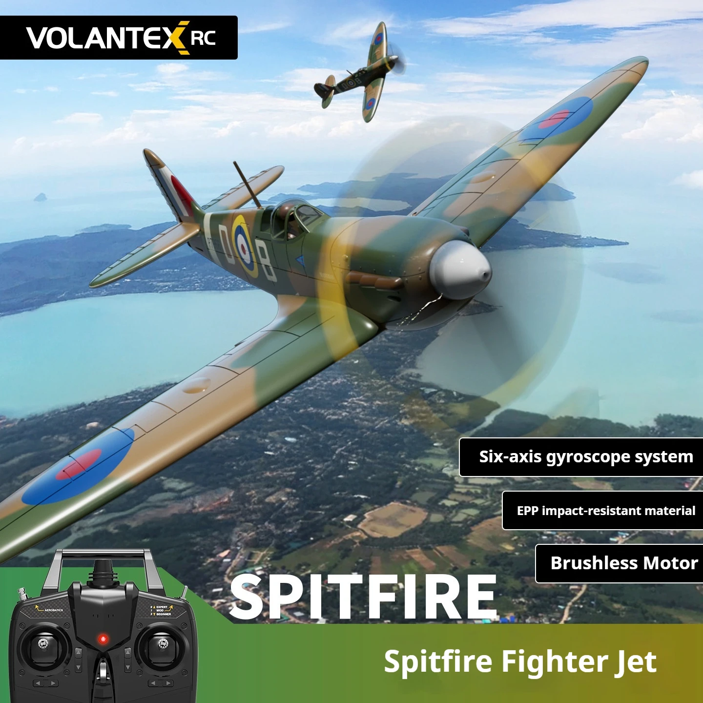 VOLANTEXRC Rc Spitfire Fighter Fixed Wing Brushless Motor 6 Axis Gyro EPP Crash Resistant Rc Airplane For Adult Outdoor Flying