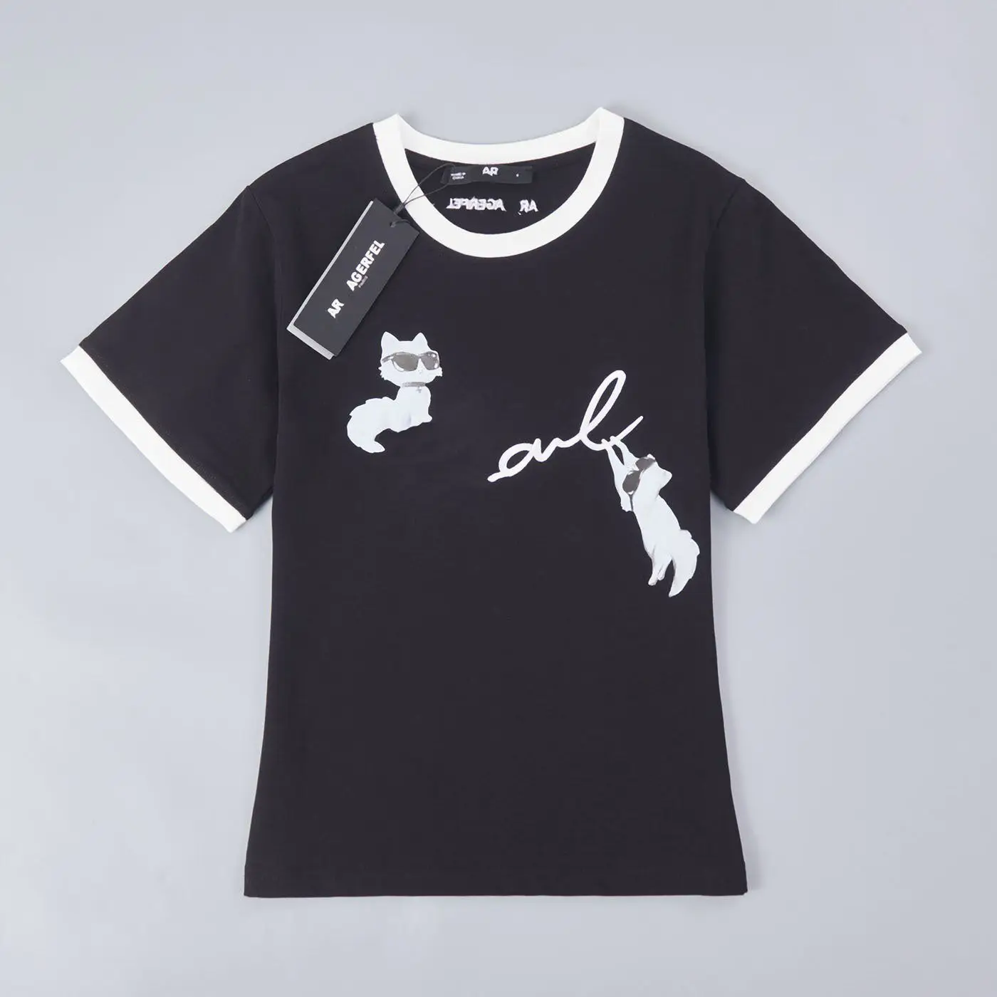Casual Cotton Embroidered Letter Short Sleeve T-Shirt round Neck Two Cats Color Block  Women's Skin-friendly Breathable Top