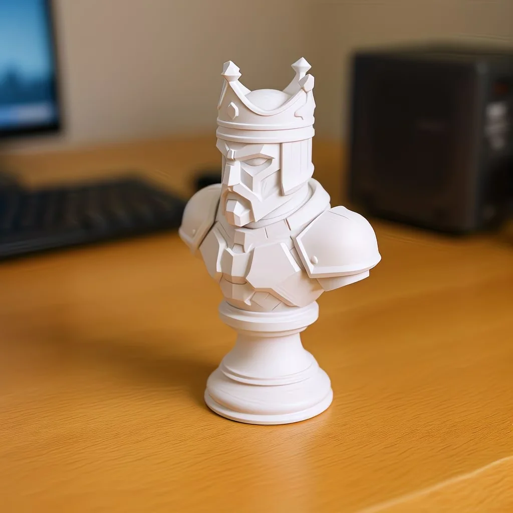 3D Printed White Futuristic Armored King Bust Sculpture Chess Base Crown Warrior Head Statue Desktop Room Decorative Ornament