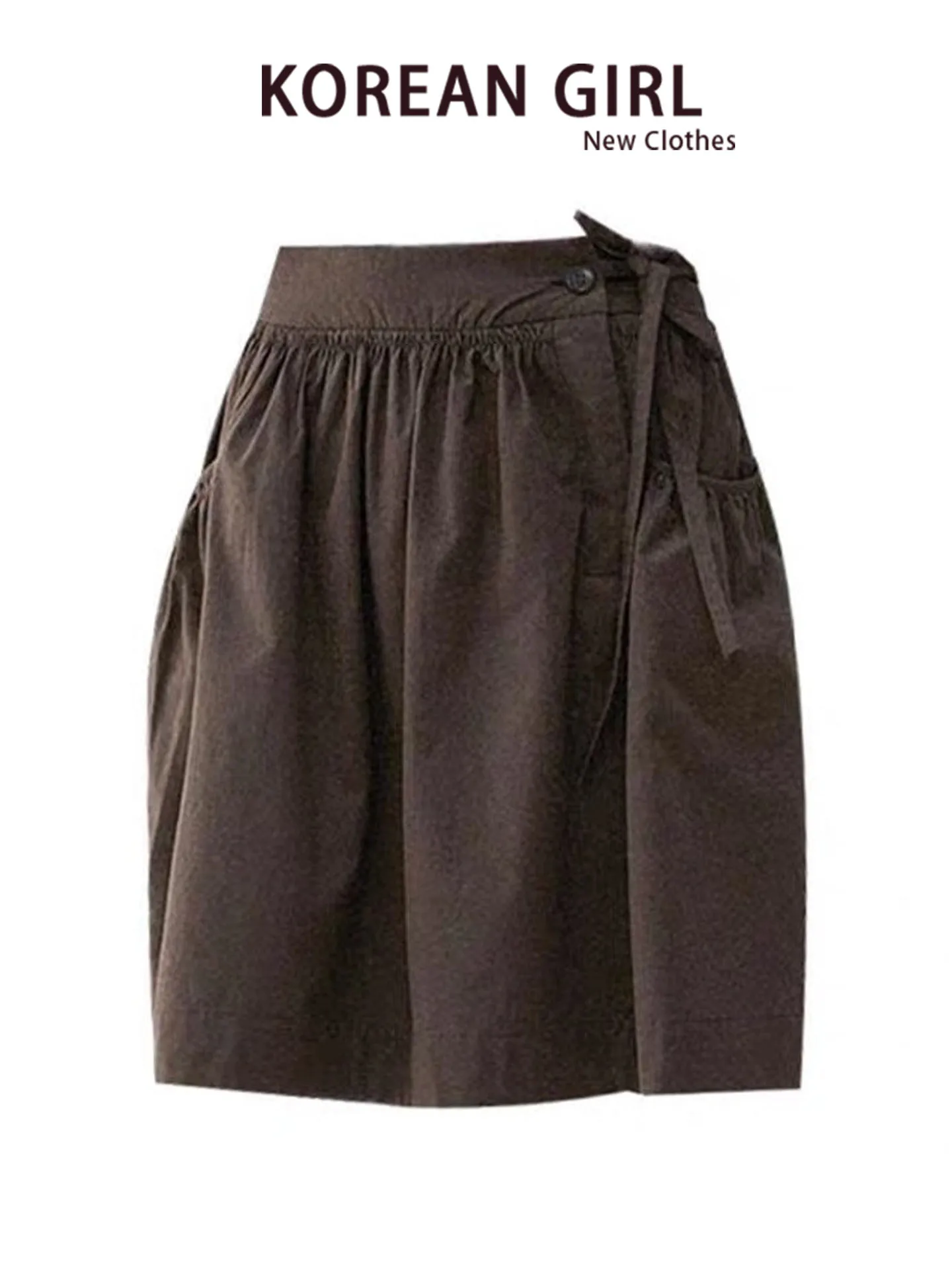 Vintage High Waist A-Line  Skirt with Pockets Drawstring Design Women's Autumn Fashion Casual Skirts Teenage Girls