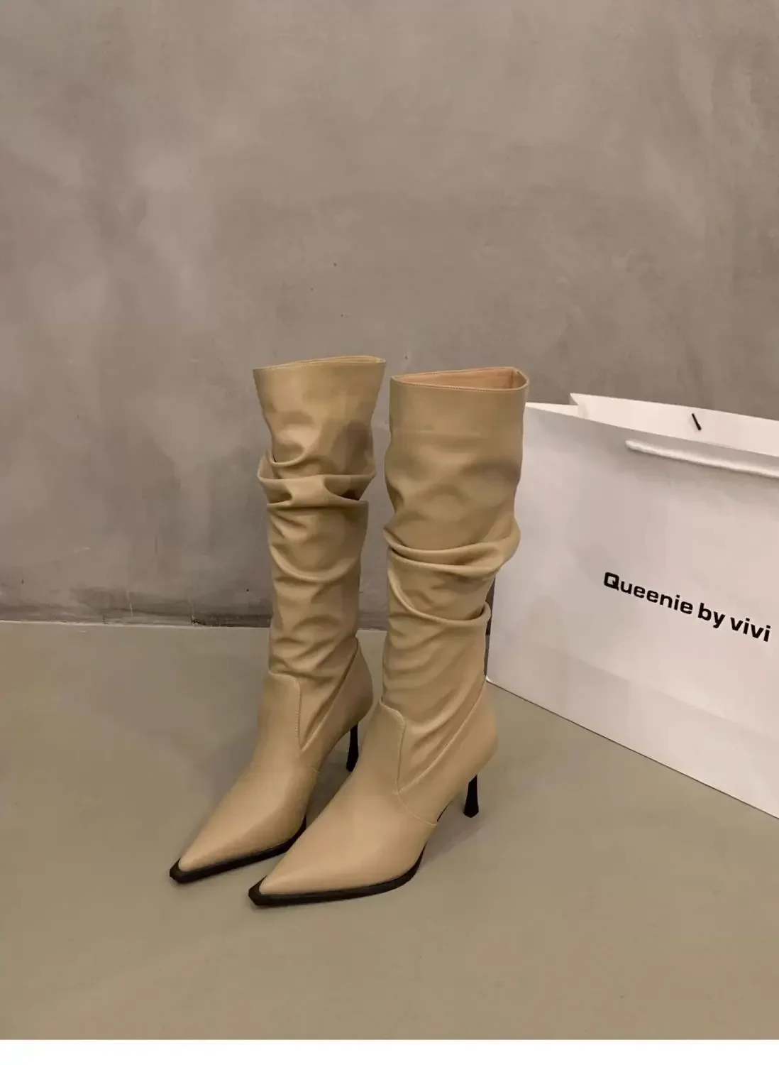 Plissierte Spitze Damen Langstiefel Street-Style High Heels Party-Stripper Damen Leder High Booties – Detail 17