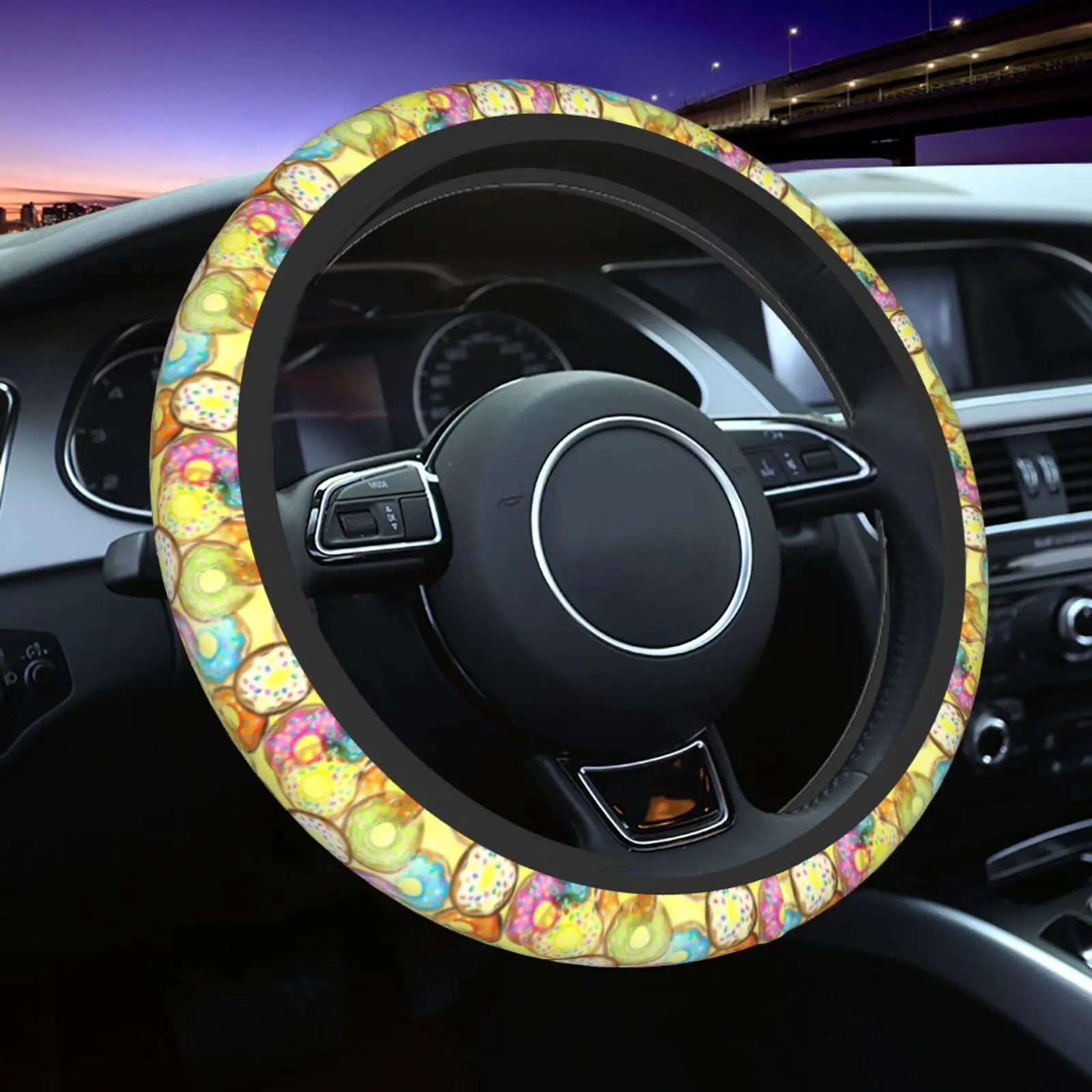 Colorful Cute Sweet Doughnuts Pattern Car Steering Wheel Covers Anti-slip On The Steering Wheel Cover Auto Car Accessories