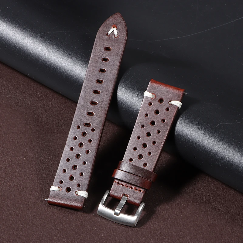 Vintage Oil Wax Leather Watch Strap 20mm 22mm Red Brown Handmade Stitching Cowhide Watchband Breathable Quick Release Bracelets