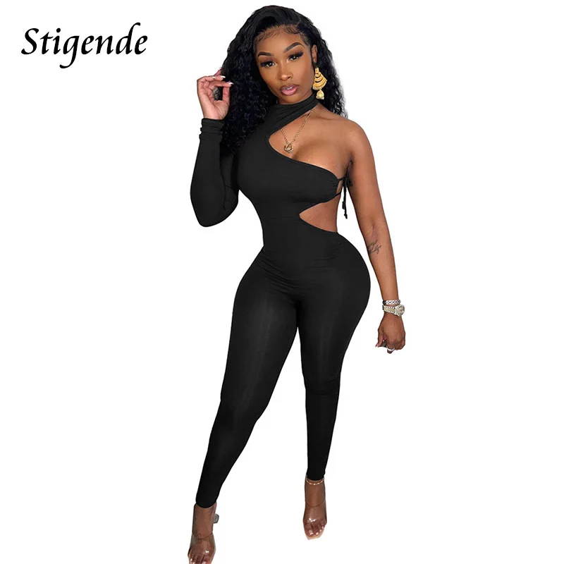 Stigende Women Sexy One Shoulder Cut Out Pencil Pants Jumpsuit Lace Up Skinny Irregular Jumpsuit Club Wear