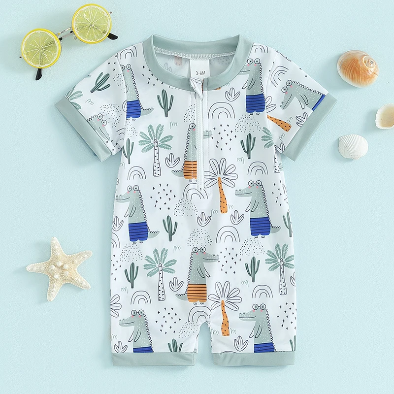 

Newborn Infant Baby Boy Swimsuit Dinosaur Octopus Print Short Sleeve Zip Up Rash Guard Swimwear Sun Protection Bathing Suits