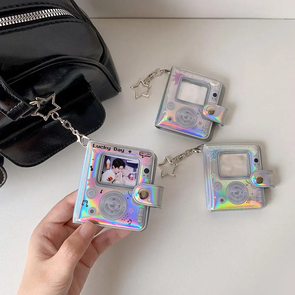 

INS Mini 2inch Photo Album PVC Bright Silver MP3 Player Design Photocard Holder With Star Pendant Keychain Hollow Collector Book