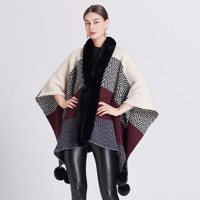 

Винтажные цвета, вязаная накидка в елочку, кардиган, модное пальто с отделкой из искусственного меха, женское осенне-зимнее толстое длинное пончо