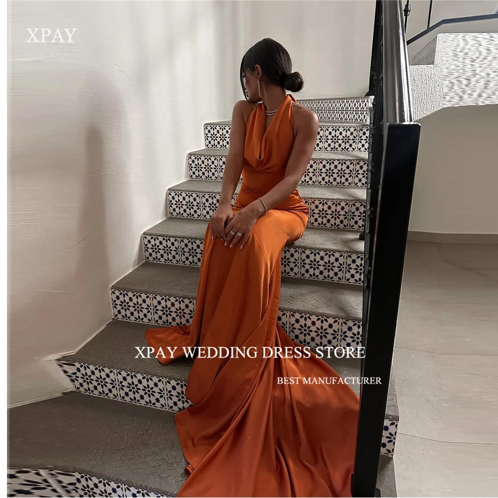 XPAY Simple Burnt Orange Mermaid Evening Dresses Saudi Arabic Women Halter Backless Long Silk Prom Gowns Formal Party Sexy