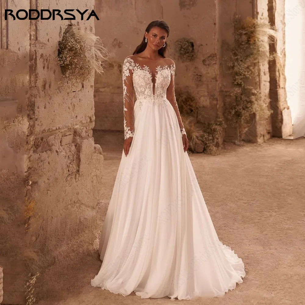 RODDRSYA Boho Lange Mouwen Bruidsjurk 2024 Chiffon Appliques Ronde Hals Knop Terug A-Lijn BruidsjurkeRODDRSYA Boho lange mouwen trouwjurk 2024 chiffon appliques ronde hals knoop rug A-lijn bruidsjurken Vestido De Novia