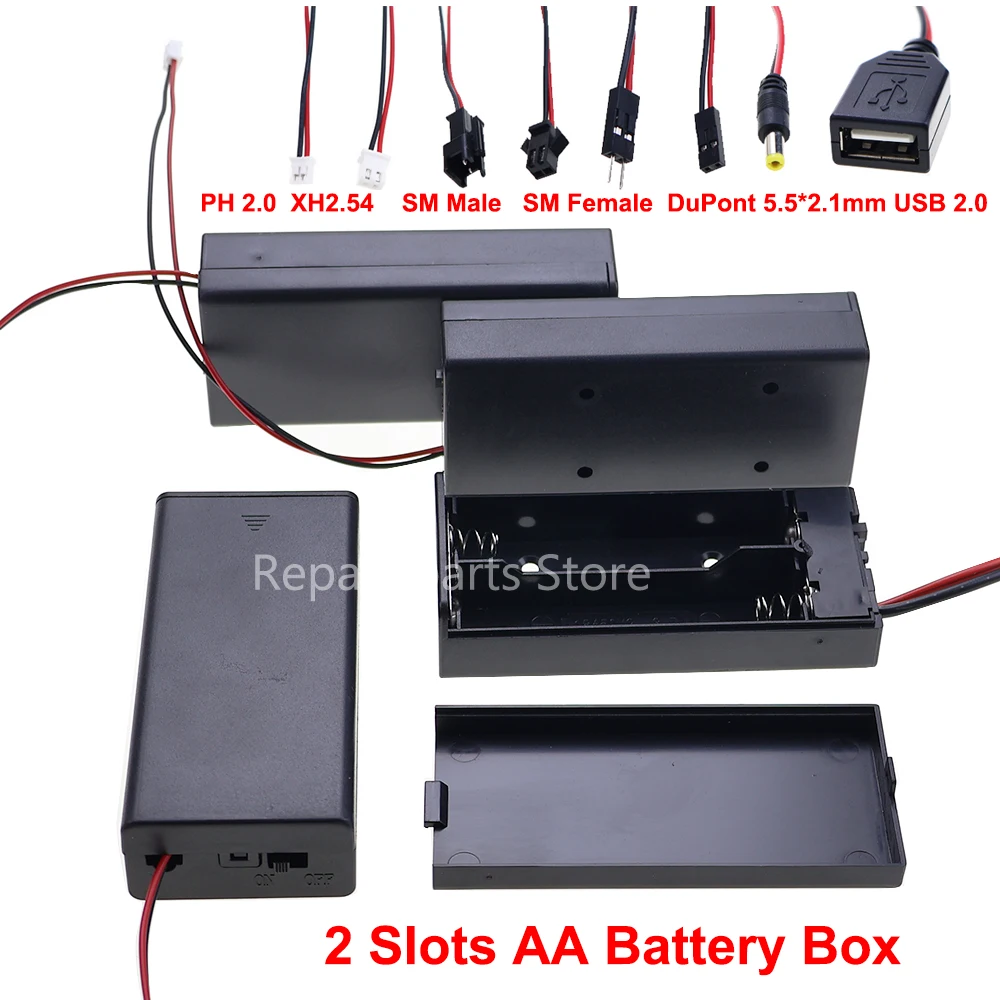 حامل بطارية AA/صندوق في السلسلة مع مفتاح غطاء وموصلات توصيل PH2.0/XH2.54/SM/DuPont ذكر/أنثى/DC5521