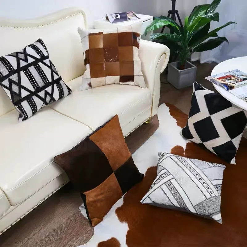 

Luxury Genuine Cowhide Cushion Cover Real Cow Fur Patchwork Pillow Case Can Be Customized