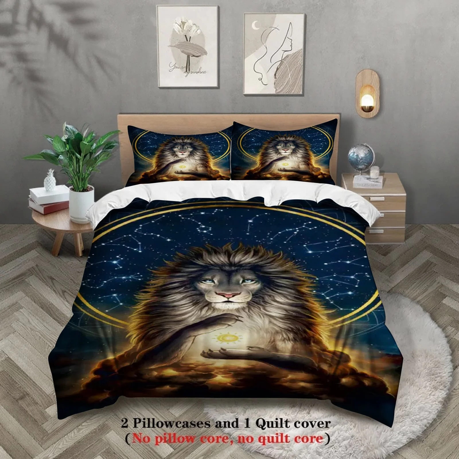 3pcs Mystical Lion Constellation Print Duvet Cover Set – for Kids Gift 100%Polyester, Soft, Breathable for Bedroom Decoration