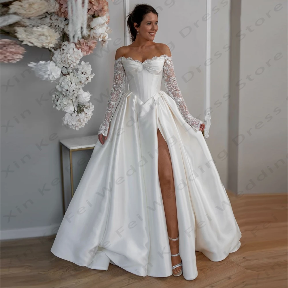 Ivory Colored Women's Bridal Gowns Satin A-Line Sexy Side Slit Lace Long Sleeved Wedding Dresses Formal Beach Party Customized