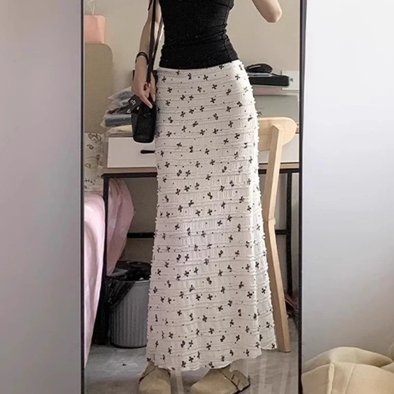 Bow Print Lace Patchwork Mermaid Skirt Women Elegant Summer Elastic Waist Midi Skirts Lady 2025 Vacation Beige Long Skirt Female