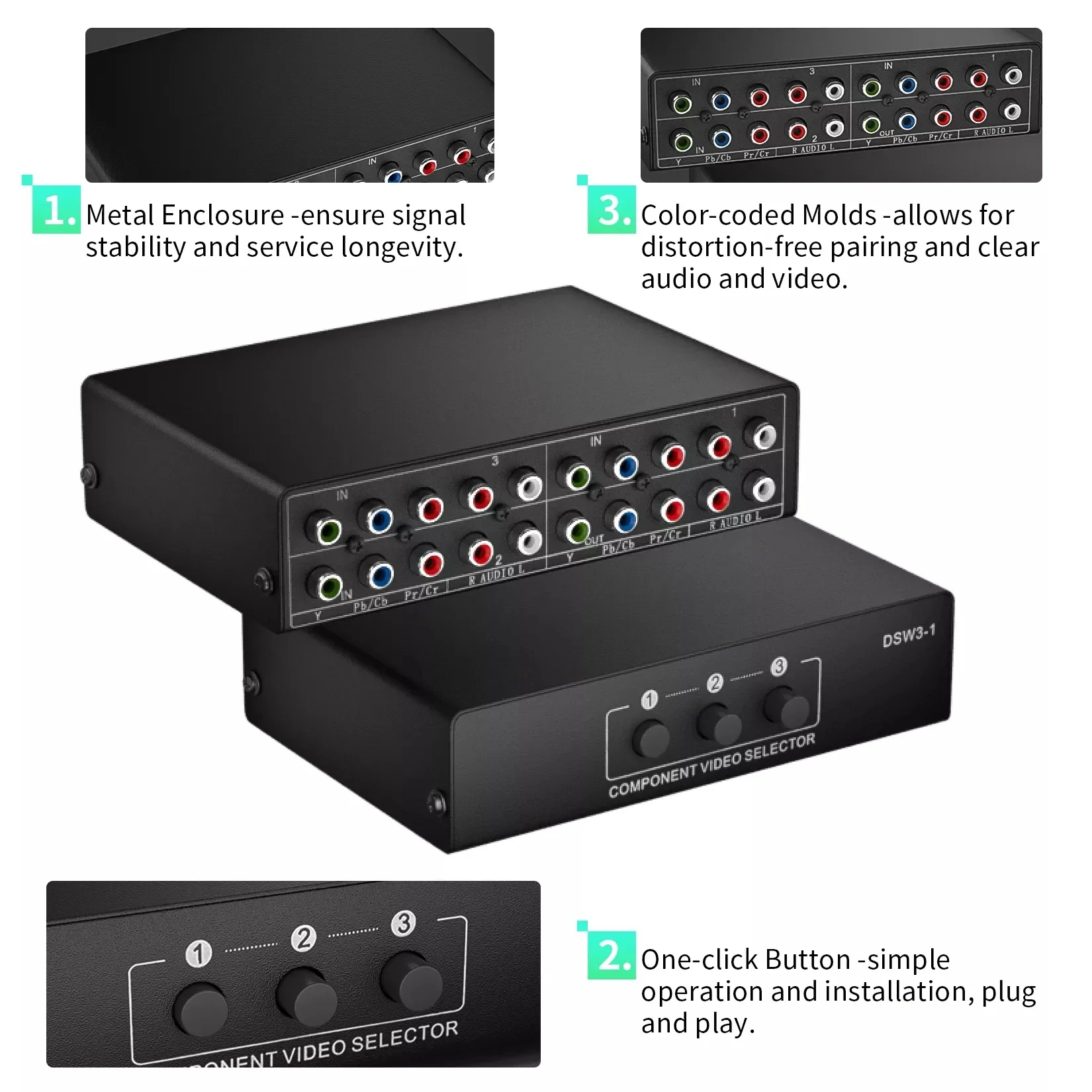 YPbPr L/R AV ビデオスイッチ 3 in 1 out コンポーネント AV 3 RCA RGB セレクタースイッチャー 3x1 コンバーター Wii PS3 PS2 DVD HDTV プラグアンドプレイ用