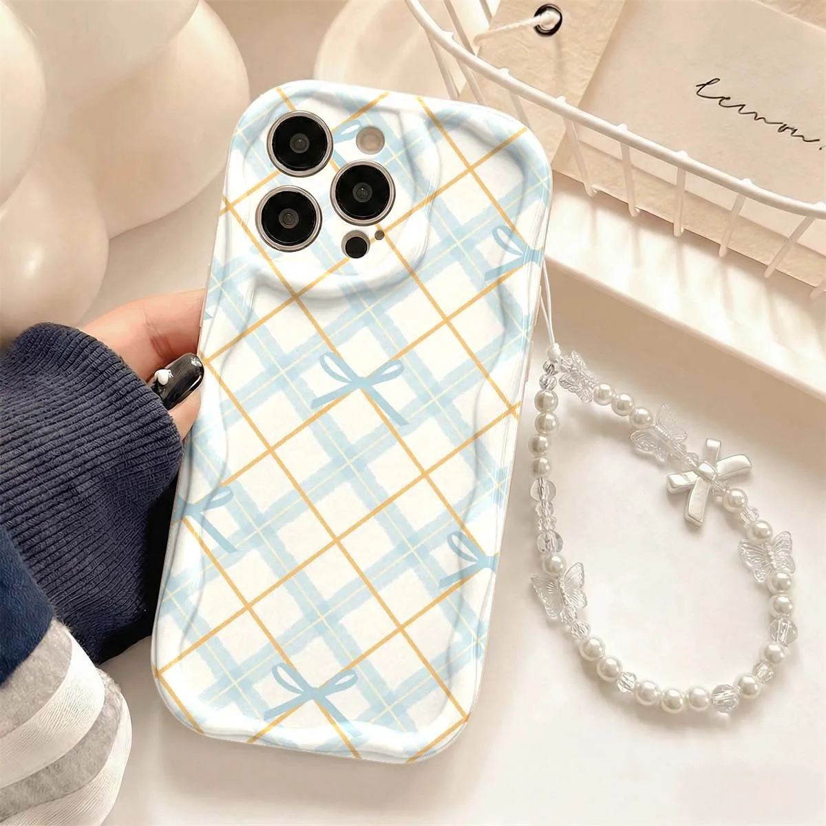 INS Blue Grid Bow Print Lens Protect Lanyard Phone Case For Samsung Galaxy S23 S24 S25 S26 Ultra A27 A36 A55 A56 A57 5G Cover