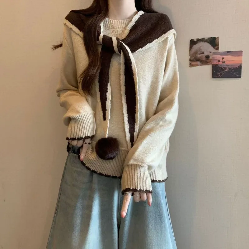 

Color Contrast Female Pullover Autumn and Winter New Knitwear Youthful Smooth Thermal Warm Elegant Knitted Sweaters for Women