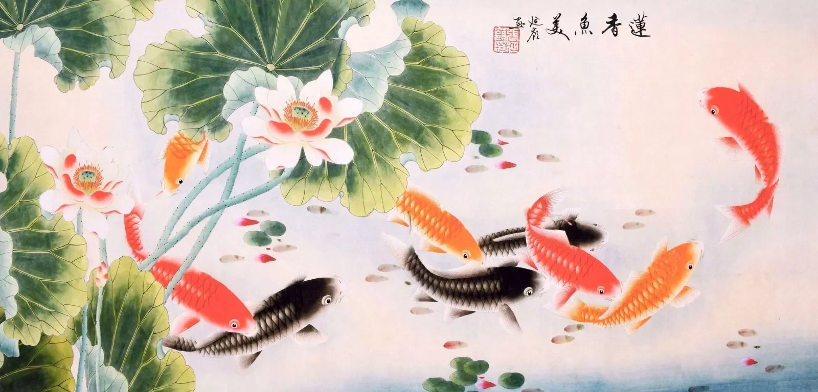 ORIGINAL ASIAN ART CHINESE PAINTING-Koi fish carps&Lotus flowers Art Picture Print Silk Poster Living Room Decor Home Wall