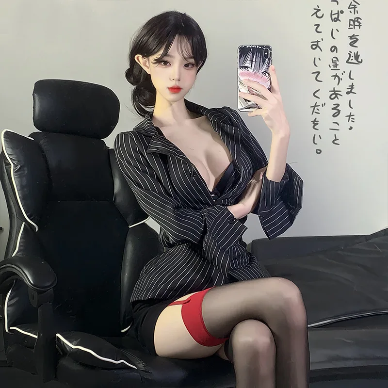 Sexy Secretary OL Office Lady Cosplay Open Bra Role Play Self-Cultivation Lingerie Costumes Striped Shirt Office Lady Uniform view 5