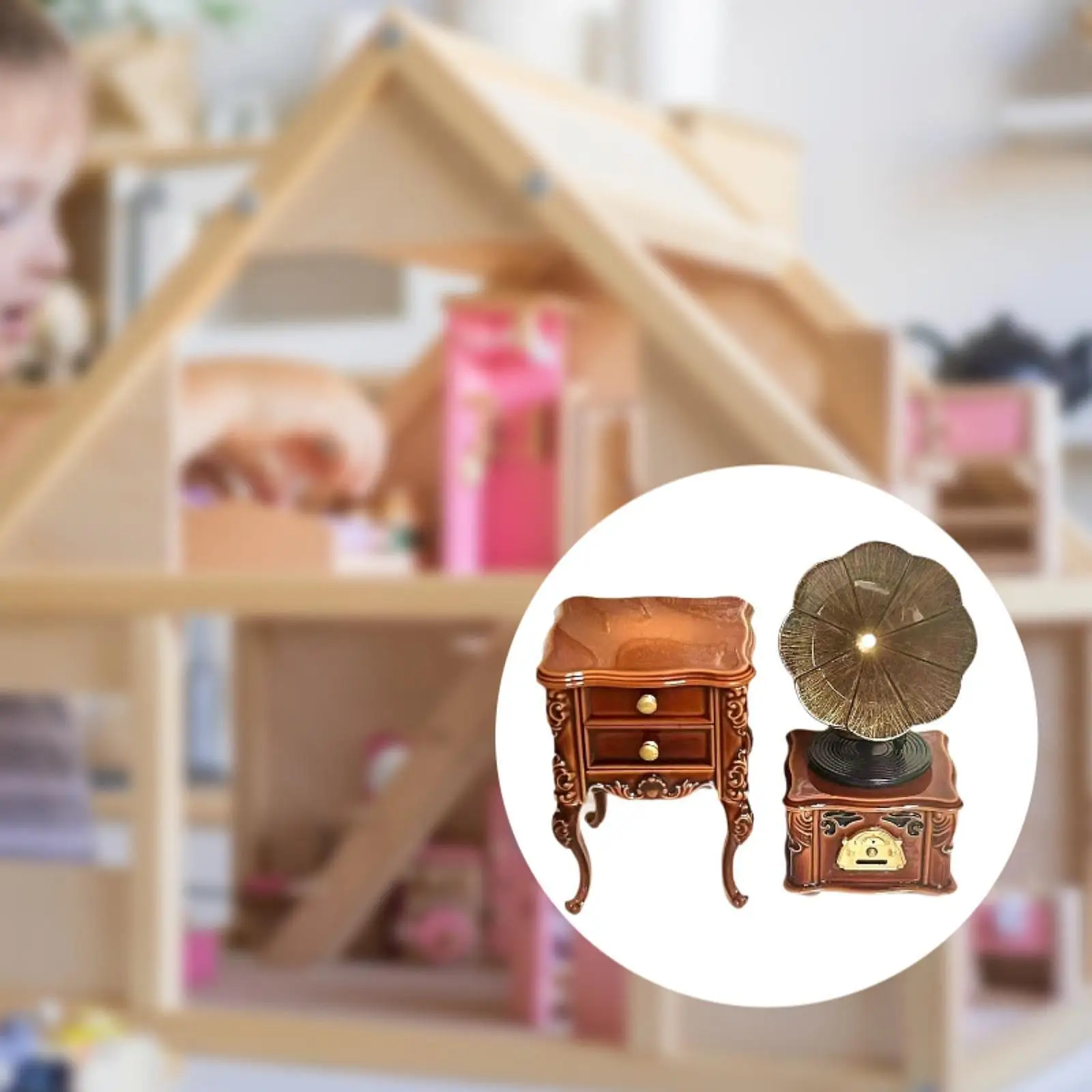 Miniature Gramophone เครื่องเล่น 1:12 Scale พร้อมตู้บ้านตุ๊กตาอุปกรณ์เสริม Vintage ตุ๊กตาเฟอร์นิเจอร์สําหรับ Diorama