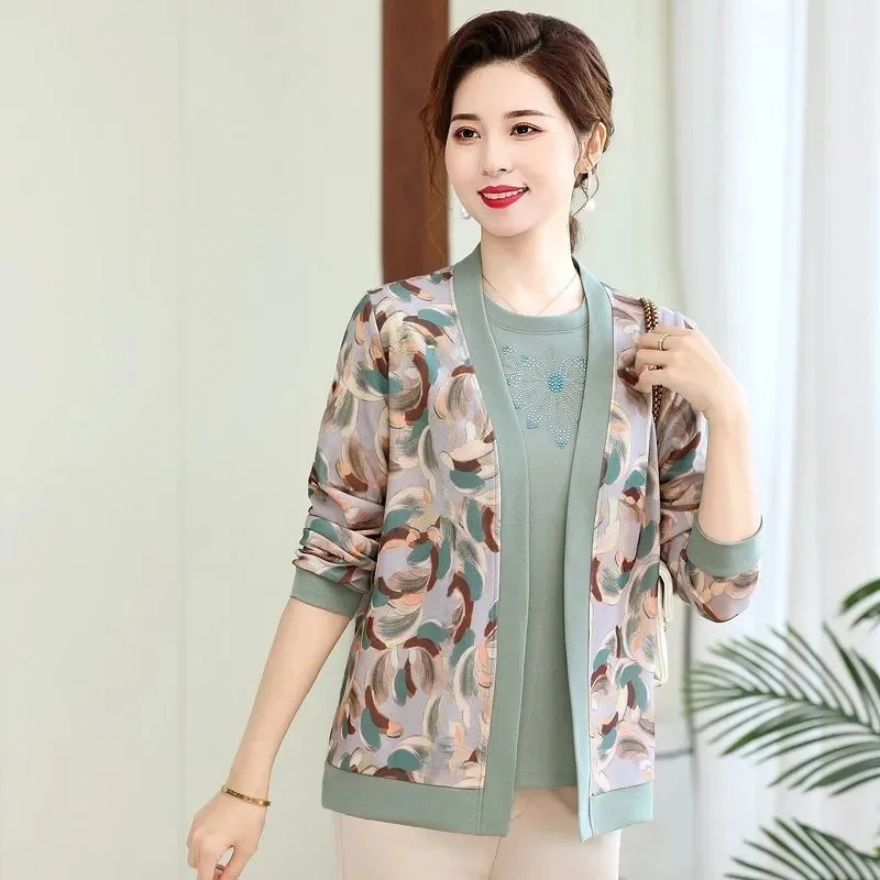 Women knitted Tops 2025 New Spring Autumn Long Sleeve Cardigan Two Pieces Suits Large Size Middle Age Female Elegant 2PCS Set