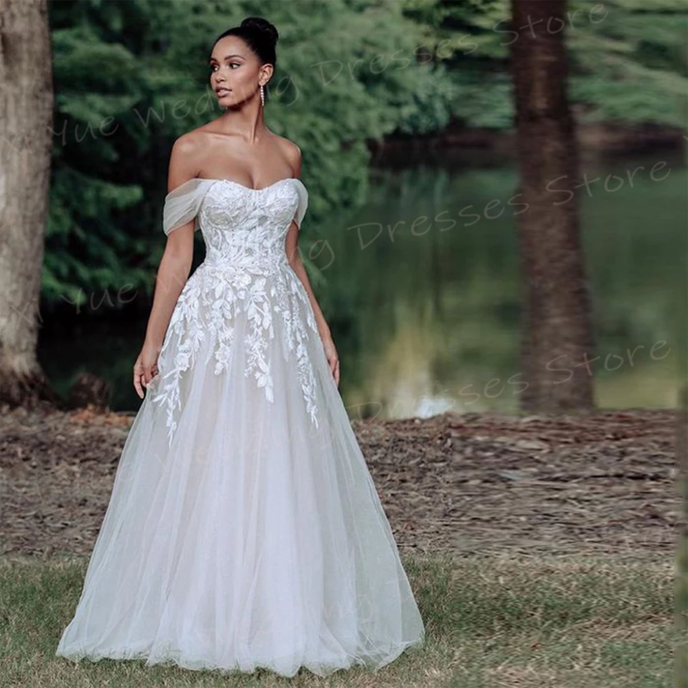 Precioso Vestido De novia De una línea para mujer, vestidos De novia De encaje con apliques elegantes, Vestido moderno sin mangas con hombros descubiertos