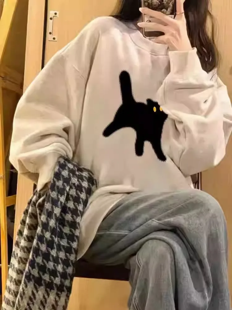 Koreanische Mode Frauen Übergroßen Lose Hoodie Herbst Winter Neue Cartoon Katze Gedruckt Langarm Vielseitig Top Trendy Grundlegende Stil