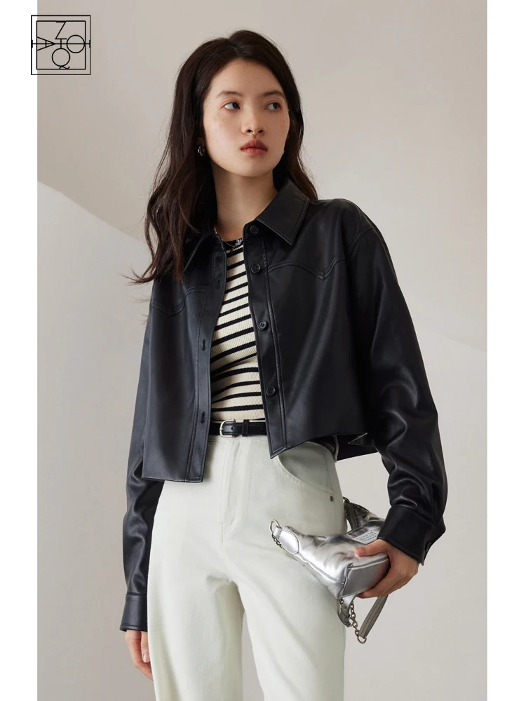 ZIQIAO Short American Retro Leather Jacket Coat for Women 2023 Spring and Autumn New Casual Fashionable Leather Clothes Female