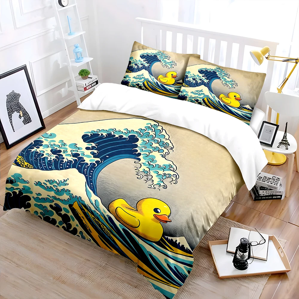 Yellow rubber duck on Kanagawa Waves Print Bedding Set 1 Duvet Cover 2 Pillowcases for Adult and Children Luxury Gift Full Size