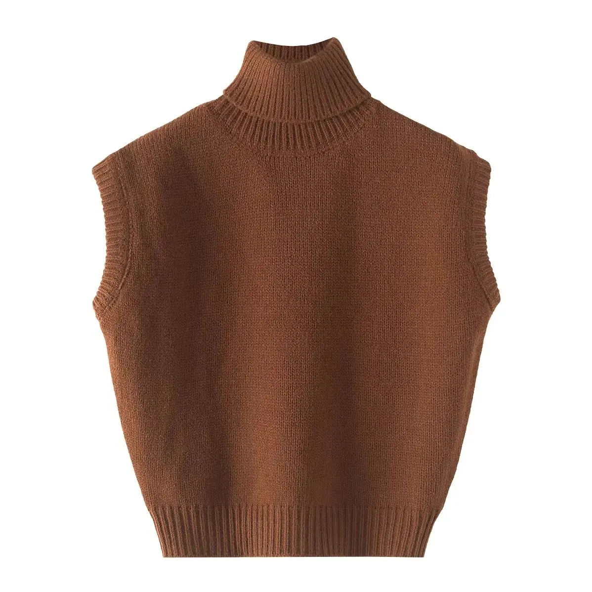 

KONDALA Fashion 2024 Vintage Solid Brown Turtleneck Women Knit Vest Streetwear Chic High Street Winter Warm Sleeveless Sweater