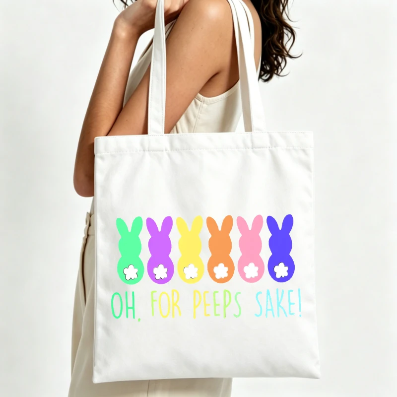 rainbow rabbit graphic canvas tote bag with slogan print, perfect for Easter celebrations and casual spring outings