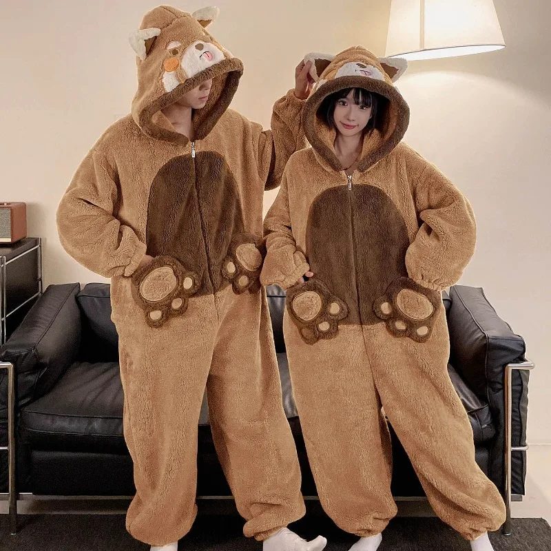 Kawaii Winter Couple Sleepwear Cartoon Dog Pajamas Onesie Soft Warm Coral Fleece Loose Hooded Homewear Nightgown for Men Women